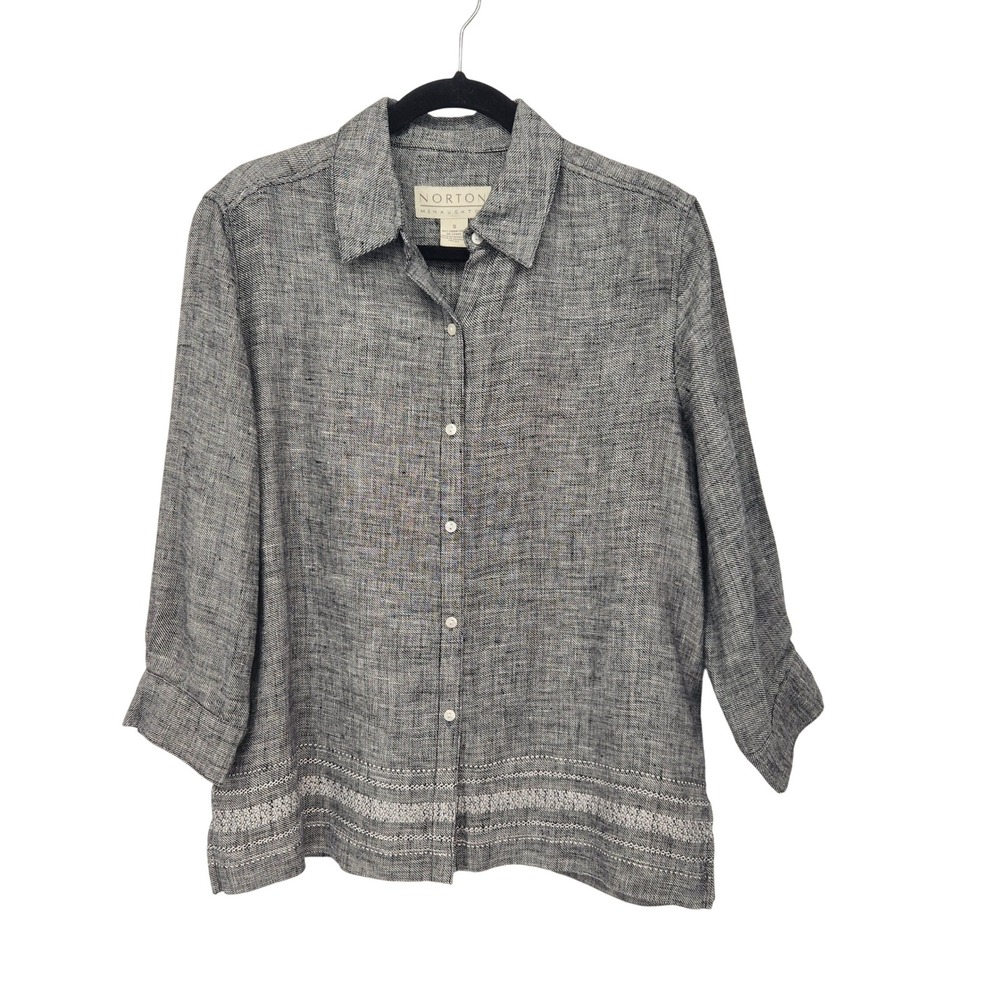 Vtg. Norton McNaughton Linen Button Up Top Black 3/4 Sleeve Decorative Stitch S
